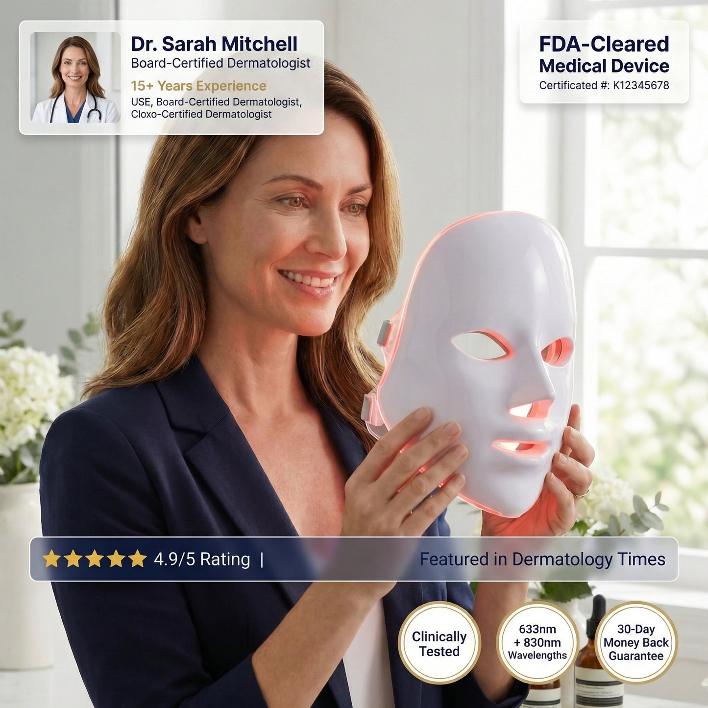 Woman holding a LED face mask with medical device certification and expert endorsement.